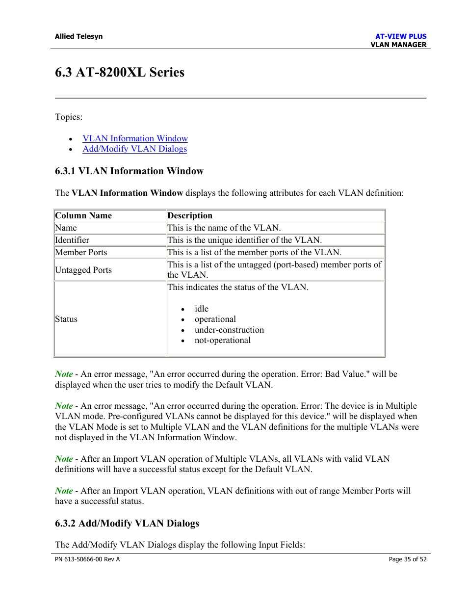 3 at-8200xl series, 1 vlan information window, 2 add/modify vlan dialogs | At-8200xl series | Allied Telesis AT-VIEW PLUS 3.0 VLAN MANAGER User Manual | Page 35 / 52