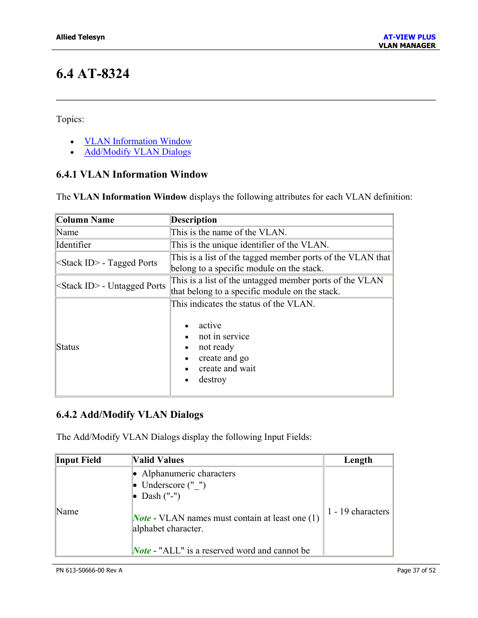 4 at-8324, 1 vlan information window, 2 add/modify vlan dialogs | Allied Telesis AT-VIEW PLUS 3.0 VLAN MANAGER User Manual | Page 37 / 52