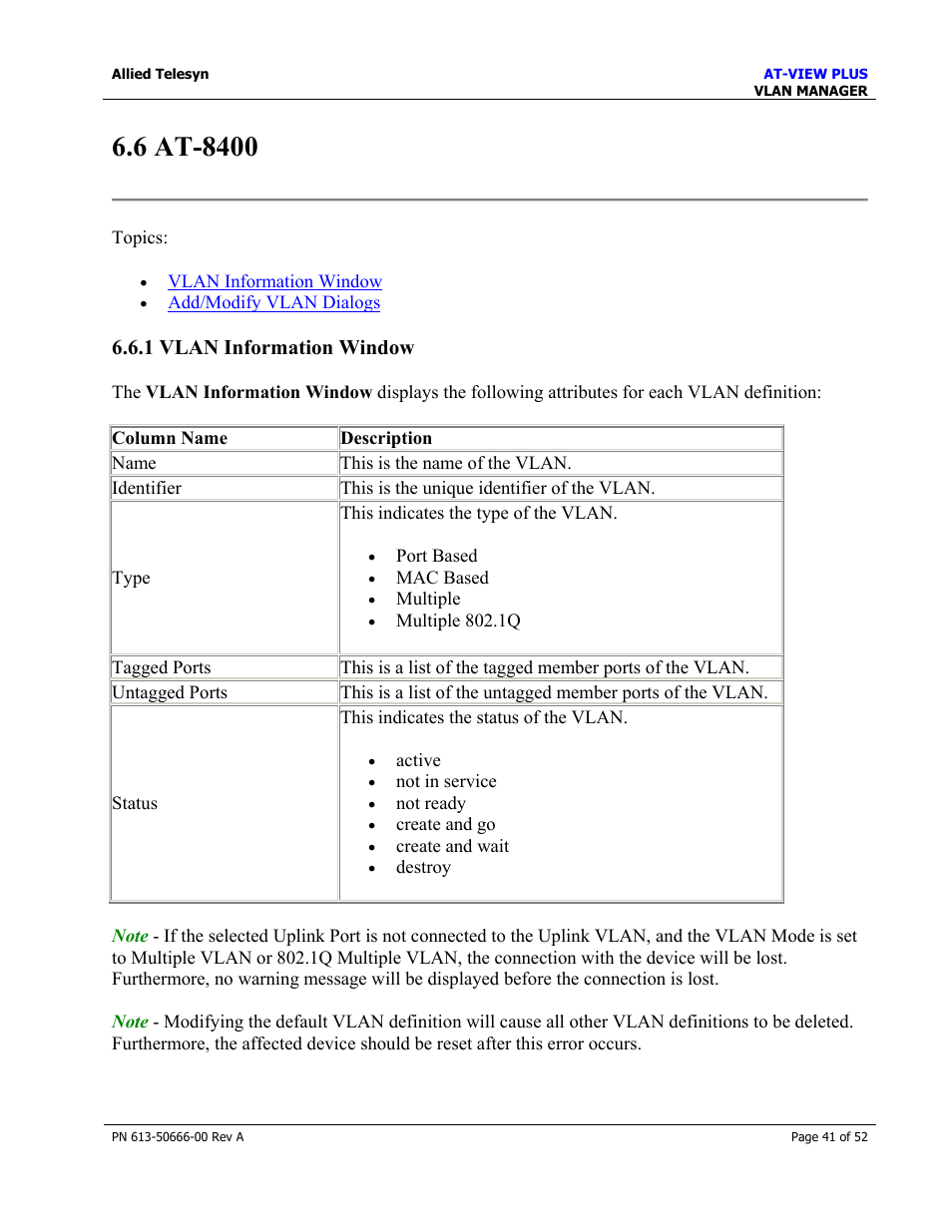 6 at-8400, 1 vlan information window | Allied Telesis AT-VIEW PLUS 3.0 VLAN MANAGER User Manual | Page 41 / 52