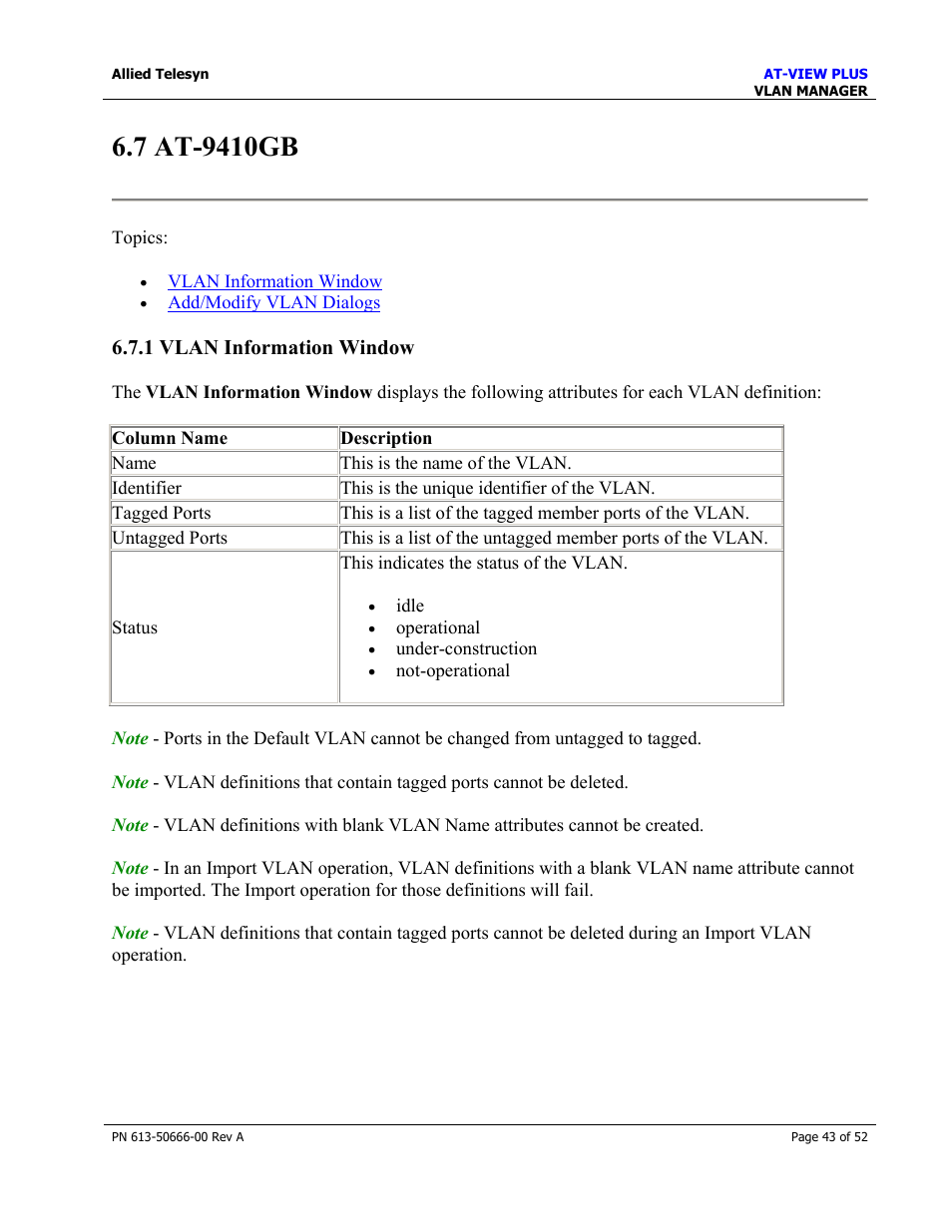 7 at-9410gb, 1 vlan information window | Allied Telesis AT-VIEW PLUS 3.0 VLAN MANAGER User Manual | Page 43 / 52