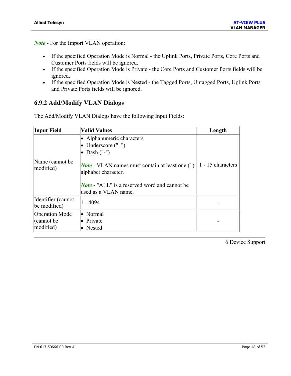 2 add/modify vlan dialogs, At-9800/switchblade series | Allied Telesis AT-VIEW PLUS 3.0 VLAN MANAGER User Manual | Page 48 / 52