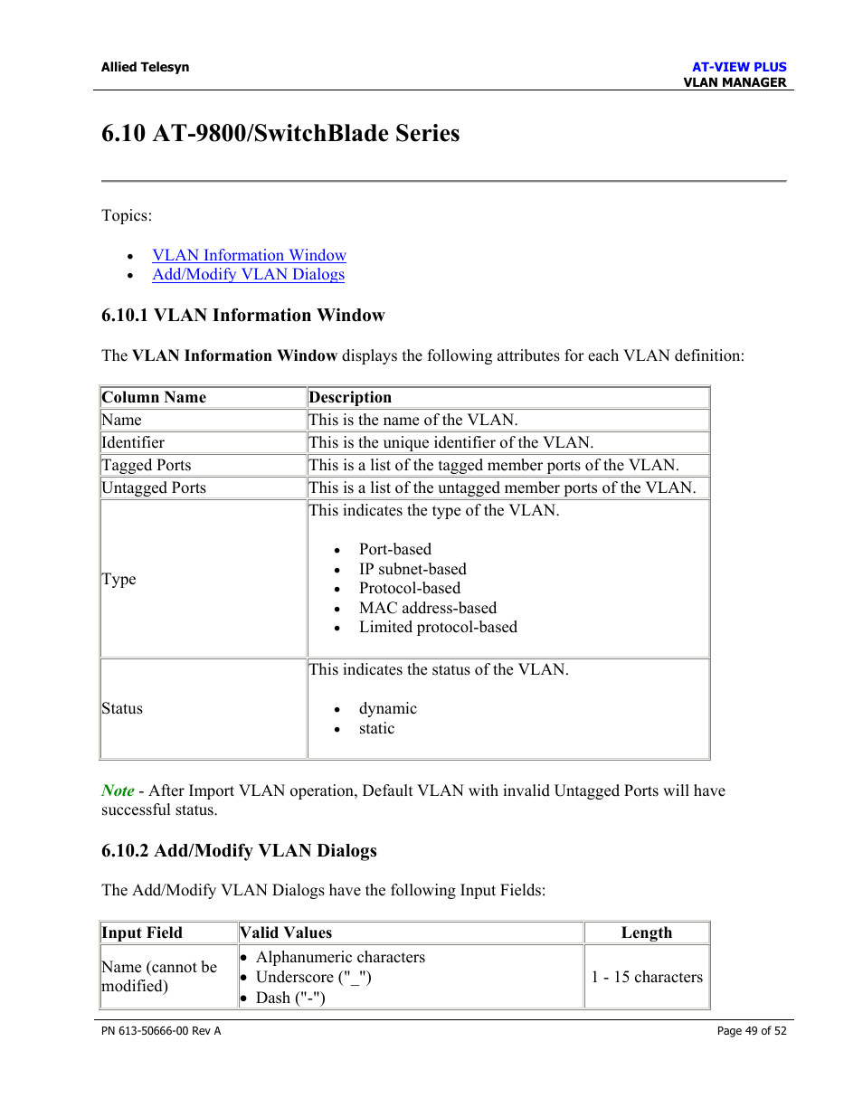 10 at-9800/switchblade series, 1 vlan information window, 2 add/modify vlan dialogs | Allied Telesis AT-VIEW PLUS 3.0 VLAN MANAGER User Manual | Page 49 / 52