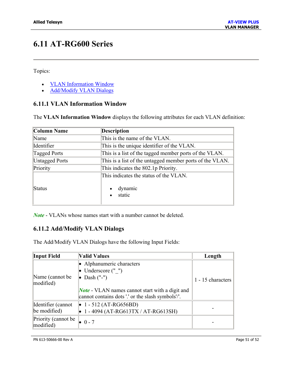 11 at-rg600 series, 1 vlan information window, 2 add/modify vlan dialogs | Allied Telesis AT-VIEW PLUS 3.0 VLAN MANAGER User Manual | Page 51 / 52