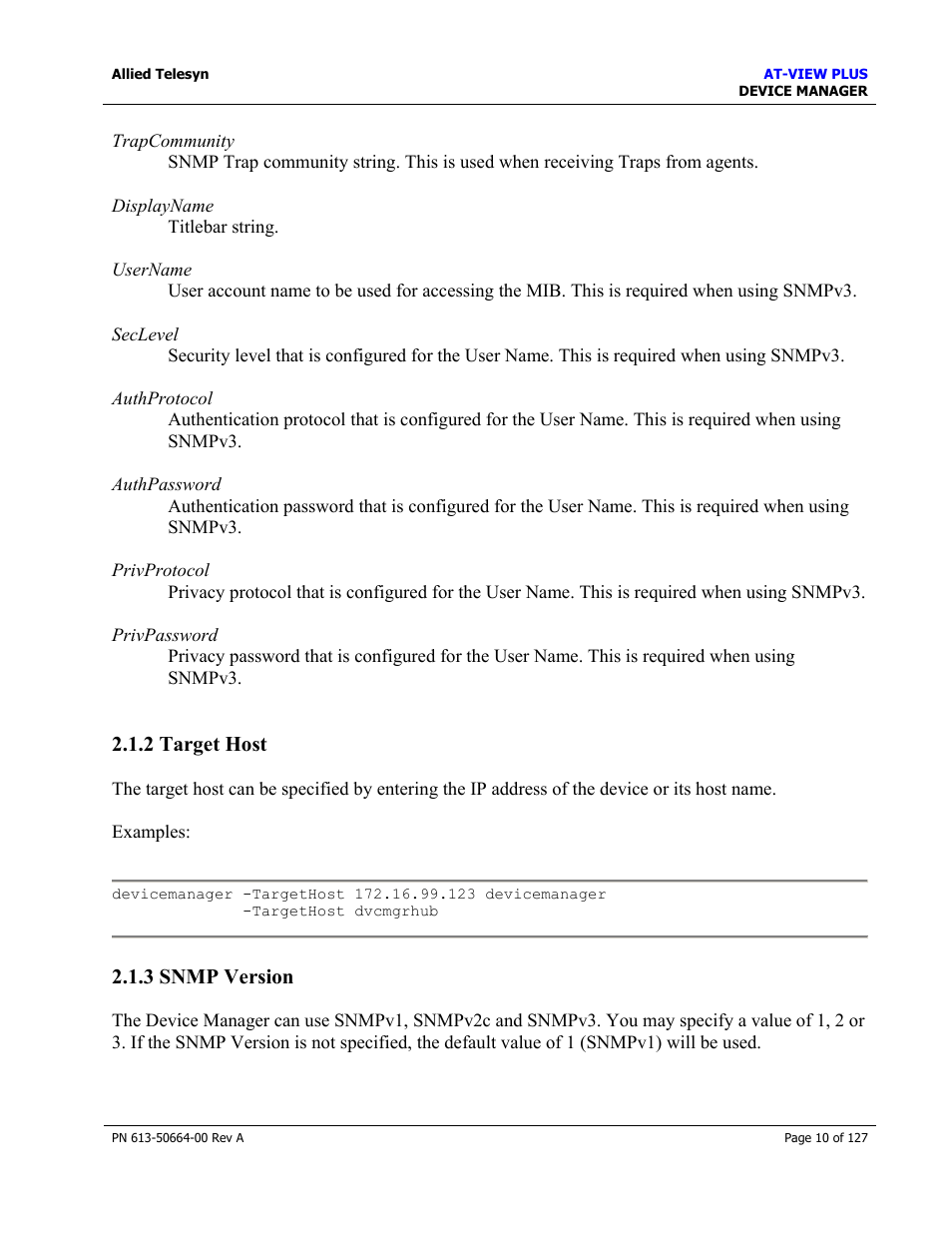 2 target host, 3 snmp version, 2 target host 2.1.3 snmp version | Target host, Snmp version | Allied Telesis AT-VIEW PLUS 3.0 DEVICE MANAGER User Manual | Page 10 / 127