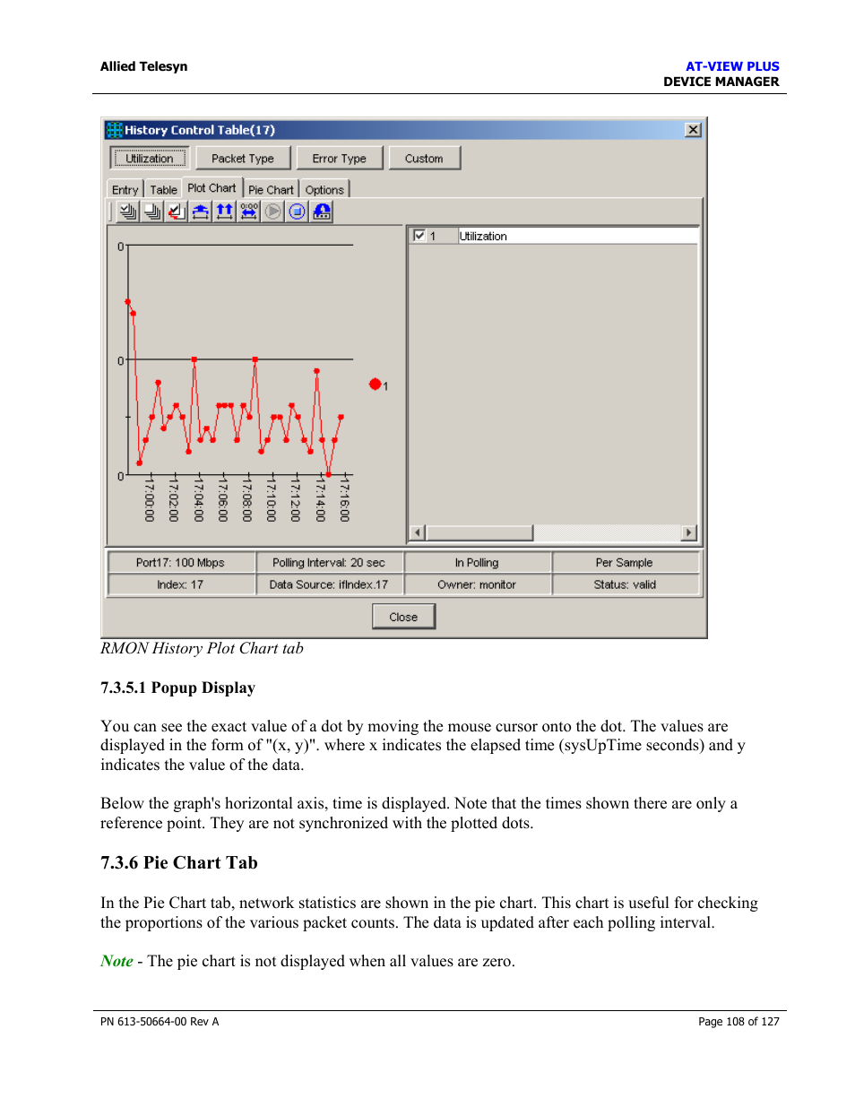 1 popup display, 6 pie chart tab, Pie chart tab | Allied Telesis AT-VIEW PLUS 3.0 DEVICE MANAGER User Manual | Page 108 / 127