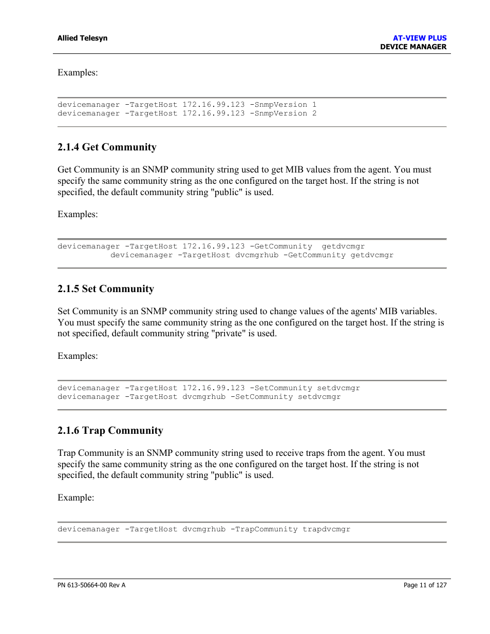 4 get community, 5 set community, 6 trap community | Get community, Set community, Trap community, Titlebar string | Allied Telesis AT-VIEW PLUS 3.0 DEVICE MANAGER User Manual | Page 11 / 127