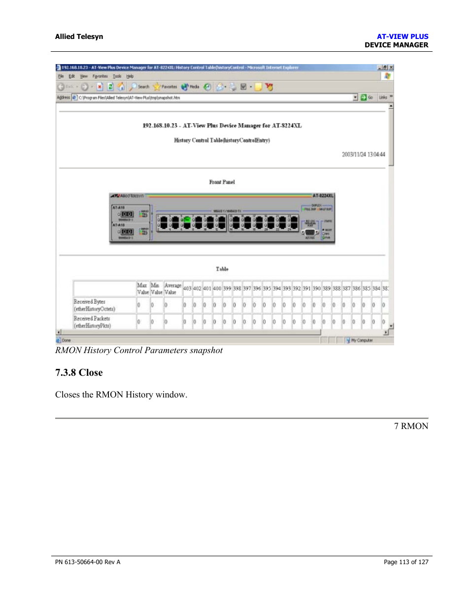 8 close, Alarm table, Close | Allied Telesis AT-VIEW PLUS 3.0 DEVICE MANAGER User Manual | Page 113 / 127