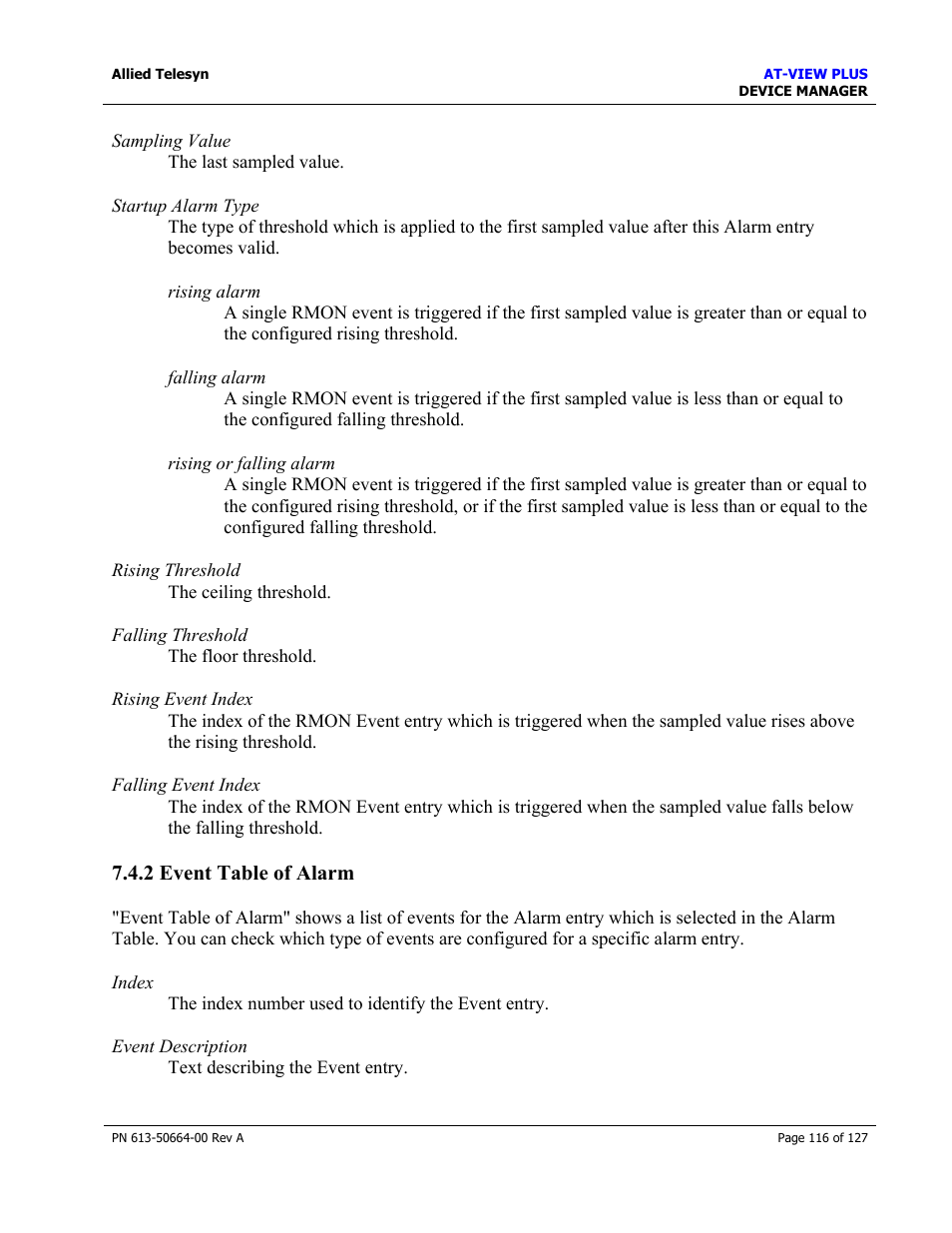 2 event table of alarm, Event table of alarm | Allied Telesis AT-VIEW PLUS 3.0 DEVICE MANAGER User Manual | Page 116 / 127