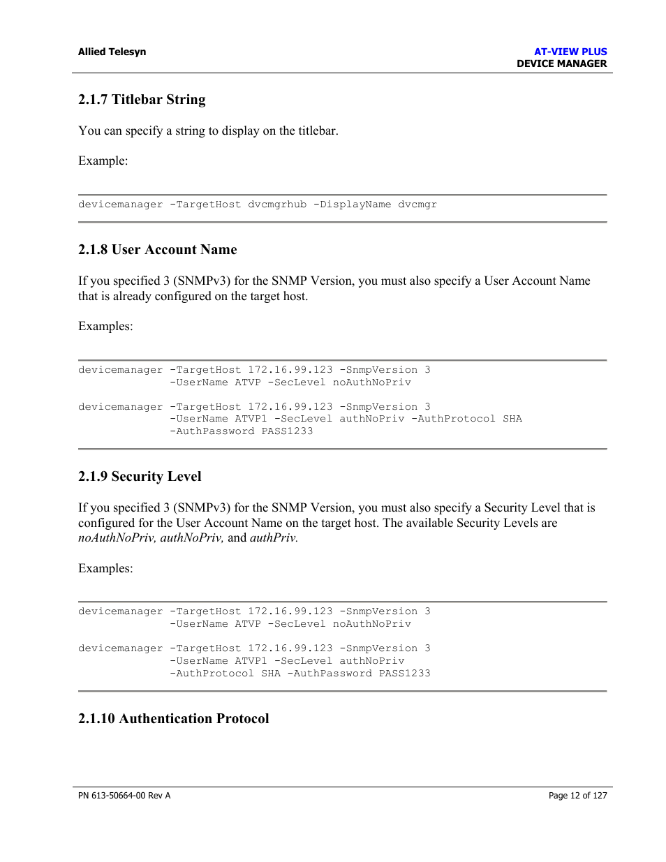 7 titlebar string, 8 user account name, 9 security level | 10 authentication protocol, User account name, Security level, Authentication protocol | Allied Telesis AT-VIEW PLUS 3.0 DEVICE MANAGER User Manual | Page 12 / 127