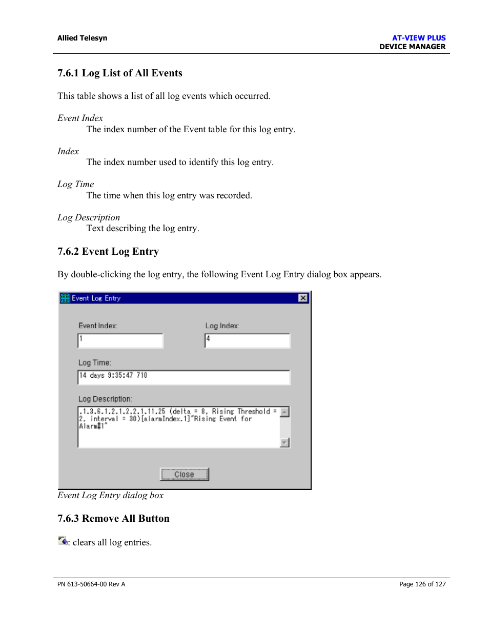 1 log list of all events, 2 event log entry, 3 remove all button | Log list of all events, Event log entry, Remove all button, Remove button | Allied Telesis AT-VIEW PLUS 3.0 DEVICE MANAGER User Manual | Page 126 / 127