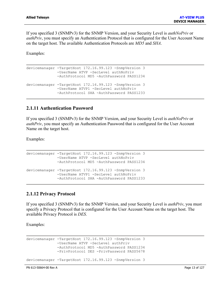 11 authentication password, 12 privacy protocol, 11 authentication password 2.1.12 privacy protocol | Authentication password, Privacy protocol | Allied Telesis AT-VIEW PLUS 3.0 DEVICE MANAGER User Manual | Page 13 / 127