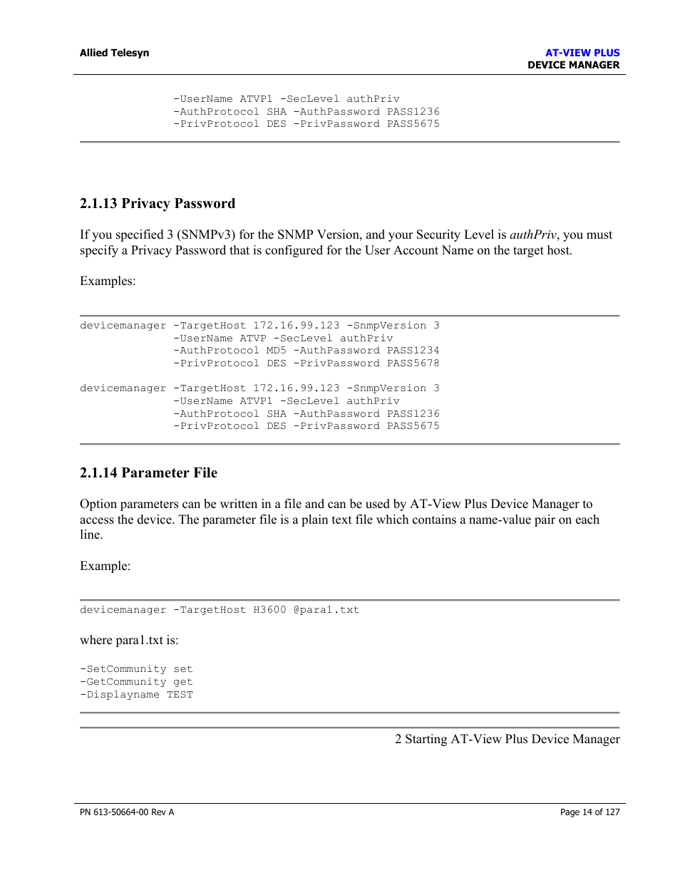 13 privacy password, 14 parameter file, 13 privacy password 2.1.14 parameter file | Privacy password, Parameter file | Allied Telesis AT-VIEW PLUS 3.0 DEVICE MANAGER User Manual | Page 14 / 127