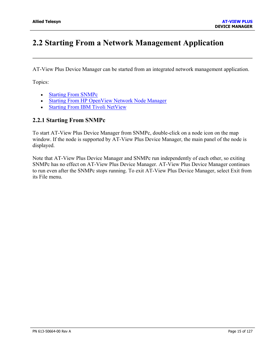 2 starting from a network management application, 1 starting from snmpc | Allied Telesis AT-VIEW PLUS 3.0 DEVICE MANAGER User Manual | Page 15 / 127