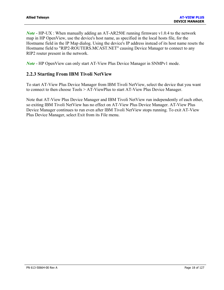 3 starting from ibm tivoli netview, Starting from ibm tivoli netview | Allied Telesis AT-VIEW PLUS 3.0 DEVICE MANAGER User Manual | Page 18 / 127