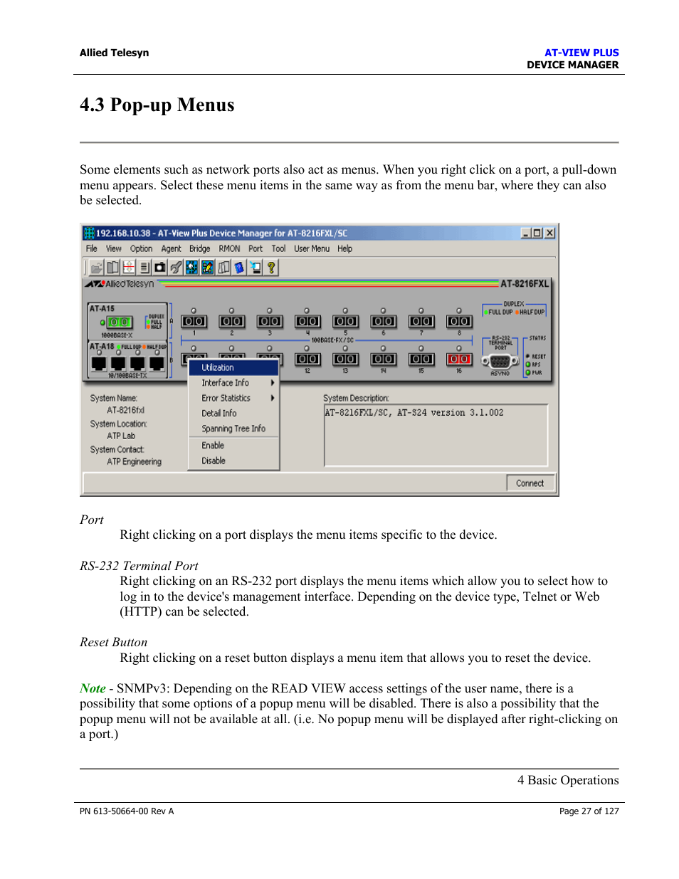 3 pop-up menus | Allied Telesis AT-VIEW PLUS 3.0 DEVICE MANAGER User Manual | Page 27 / 127