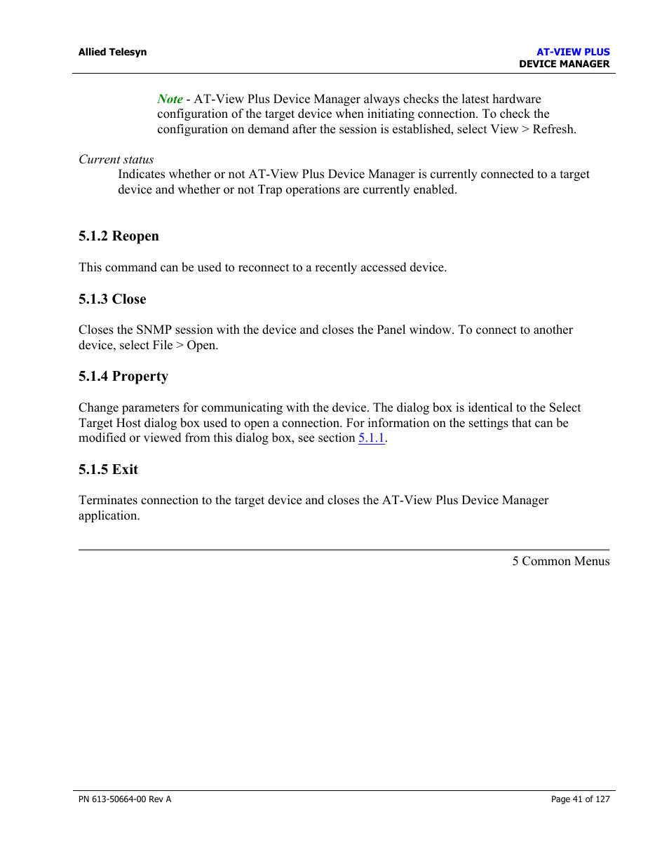 2 reopen, 3 close, 4 property | 5 exit, 2 reopen 5.1.3 close 5.1.4 property 5.1.5 exit, View, Reopen, Close, Property, Exit | Allied Telesis AT-VIEW PLUS 3.0 DEVICE MANAGER User Manual | Page 41 / 127