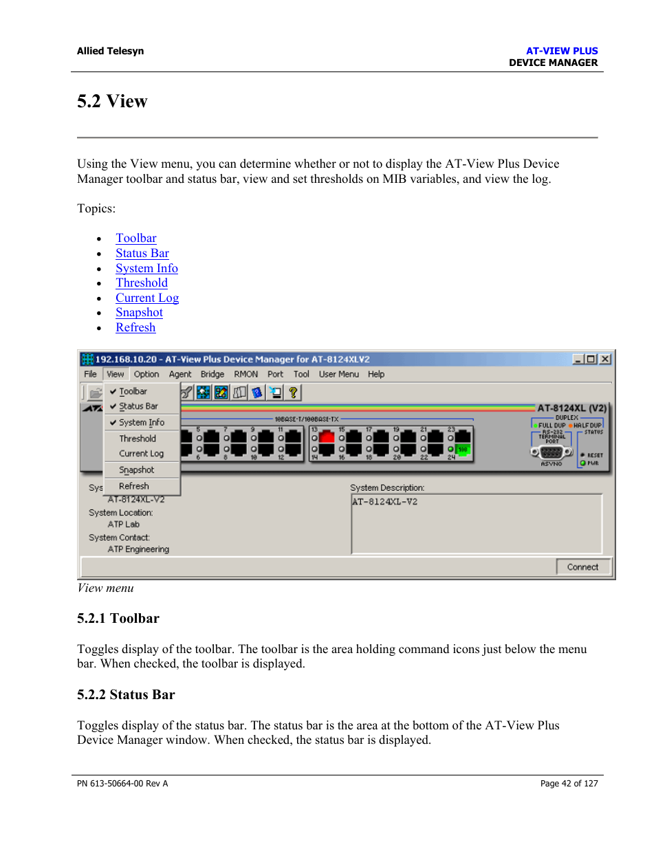 2 view, 1 toolbar, 2 status bar | 1 toolbar 5.2.2 status bar | Allied Telesis AT-VIEW PLUS 3.0 DEVICE MANAGER User Manual | Page 42 / 127