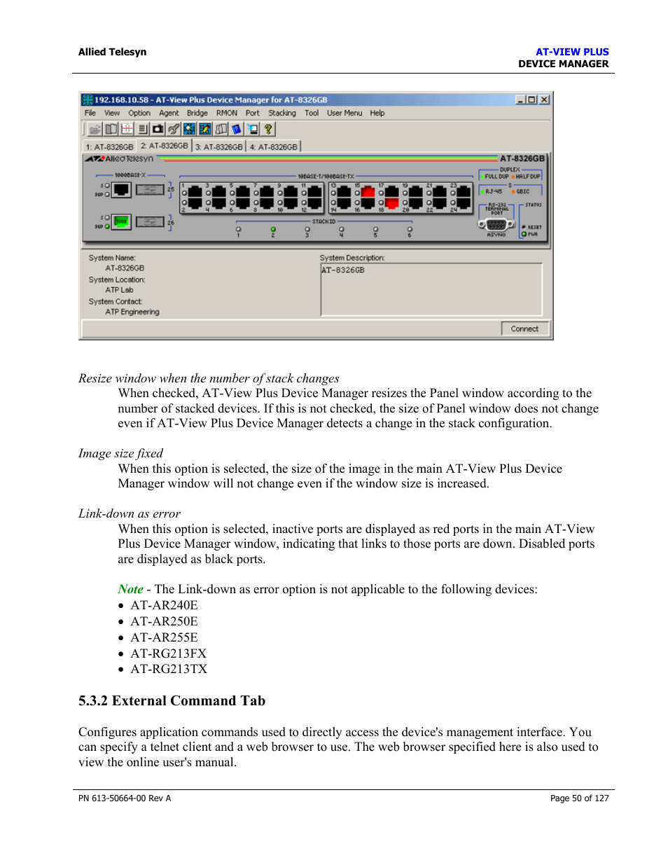 2 external command tab, External command tab | Allied Telesis AT-VIEW PLUS 3.0 DEVICE MANAGER User Manual | Page 50 / 127