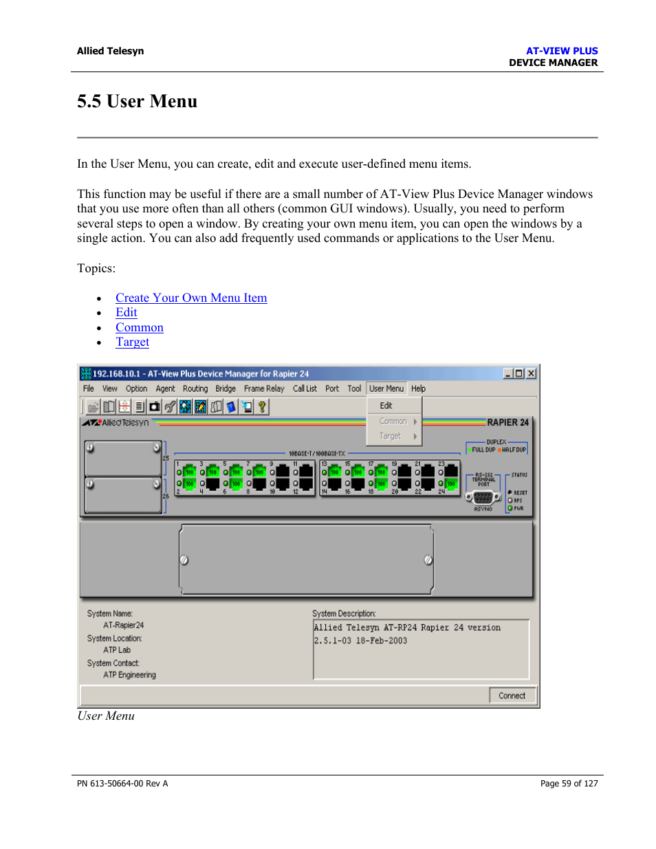 5 user menu | Allied Telesis AT-VIEW PLUS 3.0 DEVICE MANAGER User Manual | Page 59 / 127
