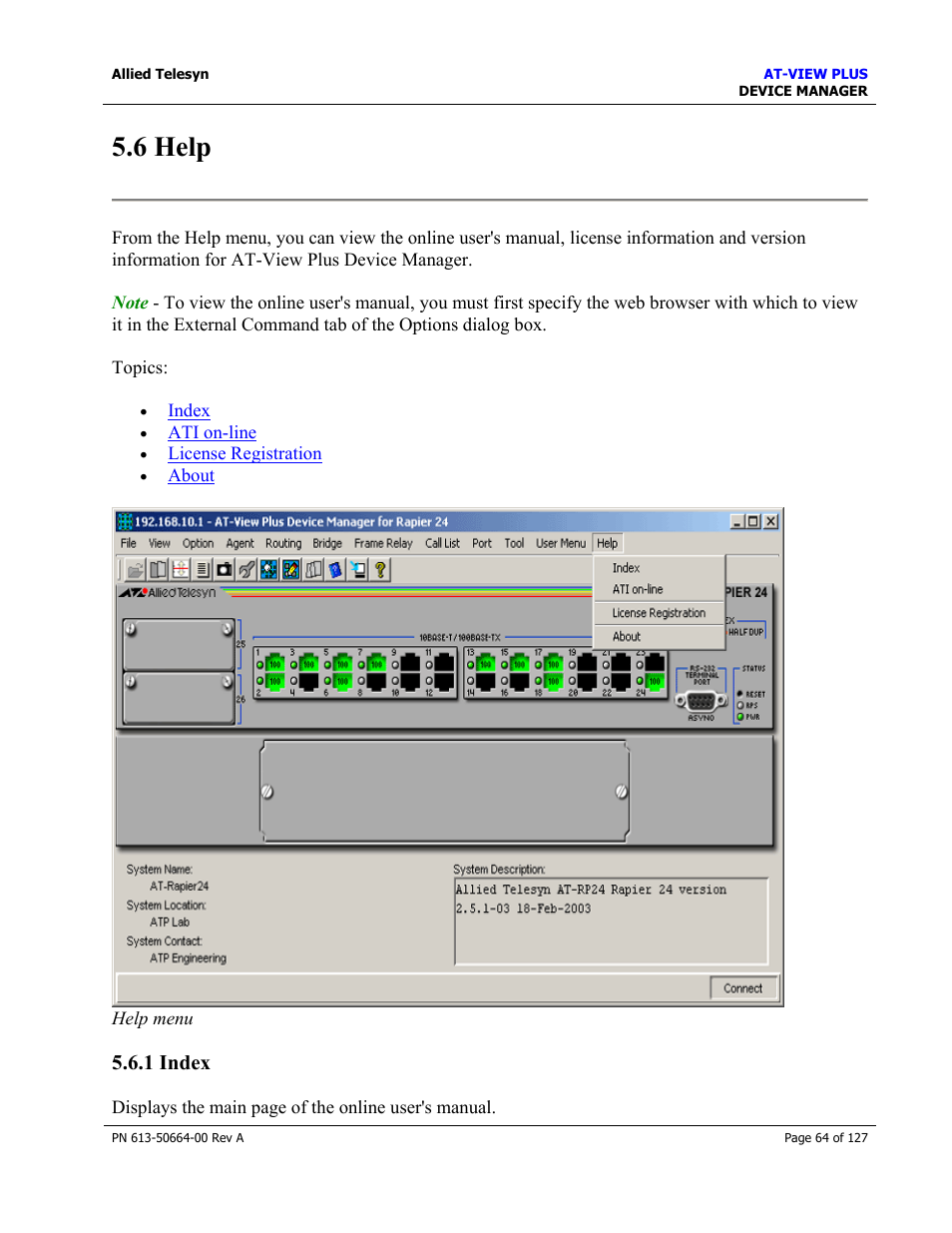 6 help, 1 index | Allied Telesis AT-VIEW PLUS 3.0 DEVICE MANAGER User Manual | Page 64 / 127