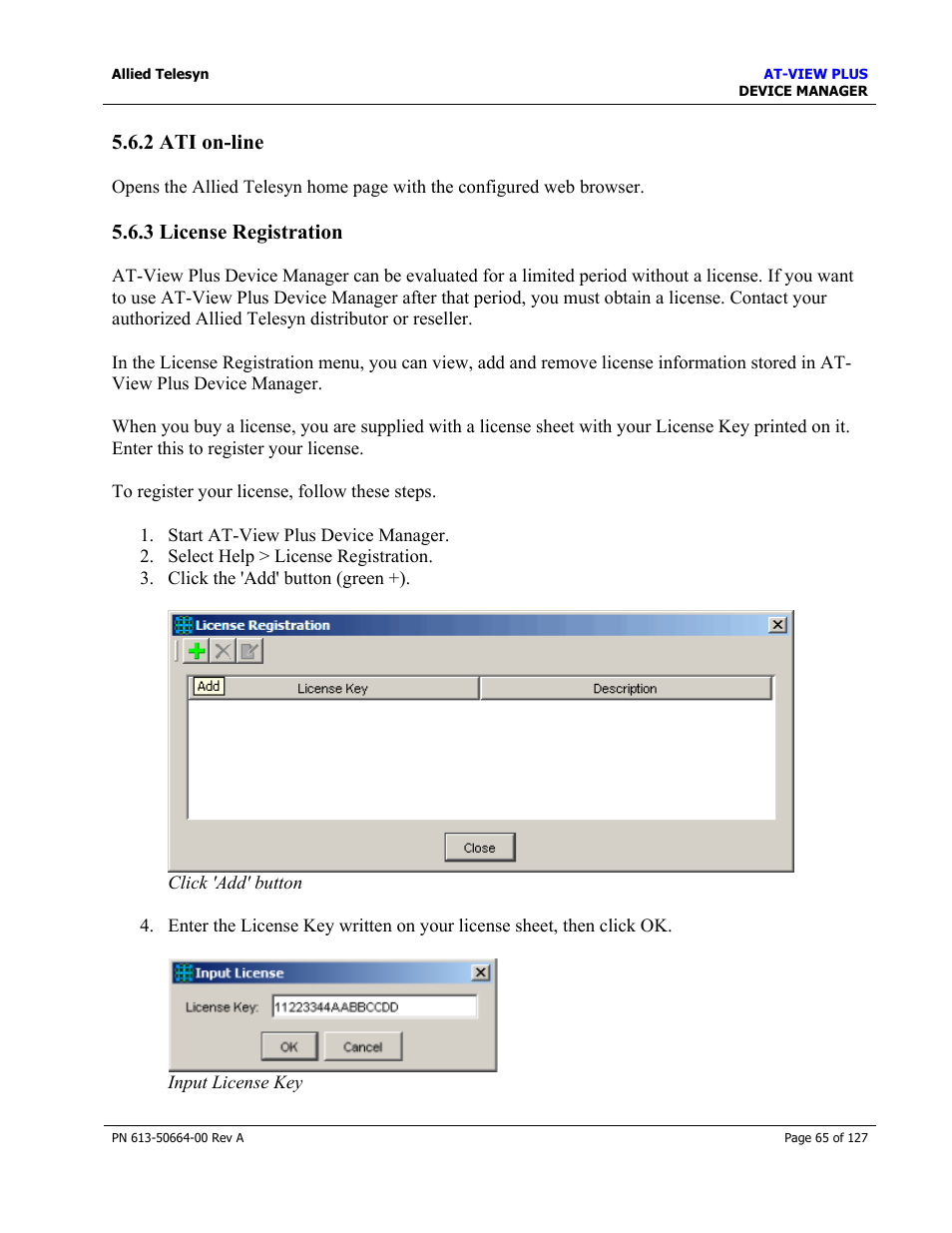 2 ati on-line, 3 license registration, 2 ati on-line 5.6.3 license registration | Ati on-line, License registration | Allied Telesis AT-VIEW PLUS 3.0 DEVICE MANAGER User Manual | Page 65 / 127