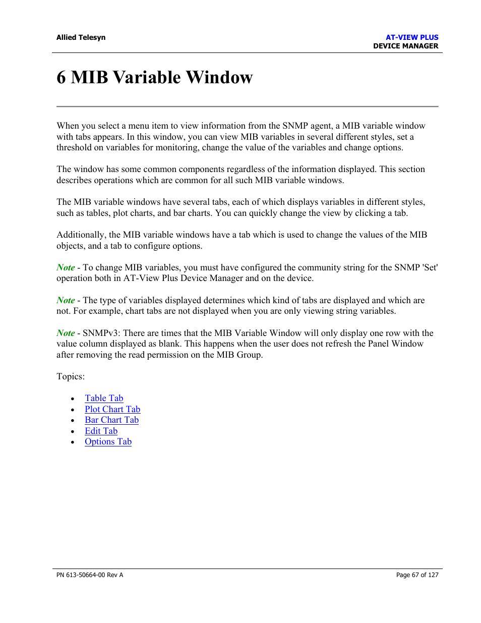 6 mib variable window | Allied Telesis AT-VIEW PLUS 3.0 DEVICE MANAGER User Manual | Page 67 / 127