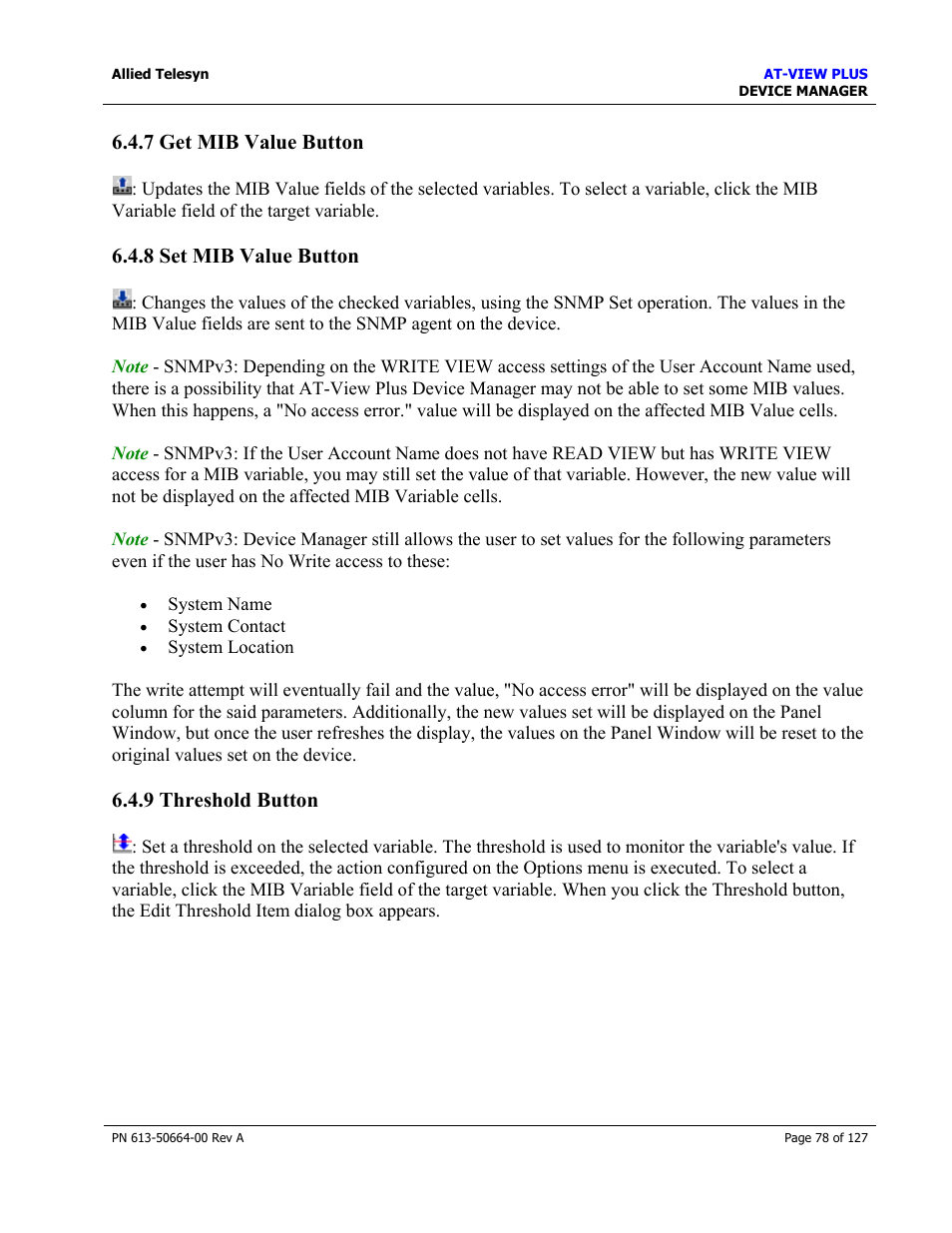 7 get mib value button, 8 set mib value button, 9 threshold button | Get mib value button, Set mib value button, Threshold button | Allied Telesis AT-VIEW PLUS 3.0 DEVICE MANAGER User Manual | Page 78 / 127