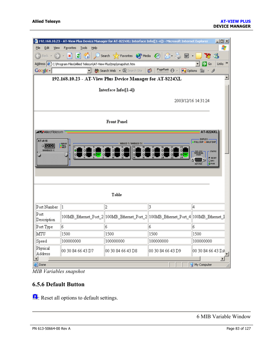 6 default button, Default button | Allied Telesis AT-VIEW PLUS 3.0 DEVICE MANAGER User Manual | Page 83 / 127