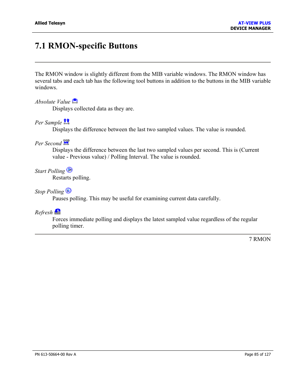 1 rmon-specific buttons, Statistics | Allied Telesis AT-VIEW PLUS 3.0 DEVICE MANAGER User Manual | Page 85 / 127