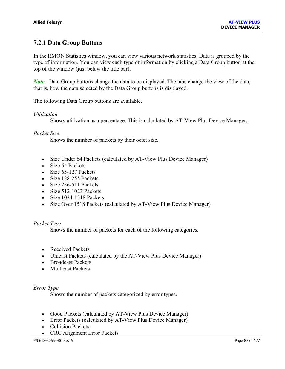 1 data group buttons, Data group buttons | Allied Telesis AT-VIEW PLUS 3.0 DEVICE MANAGER User Manual | Page 87 / 127