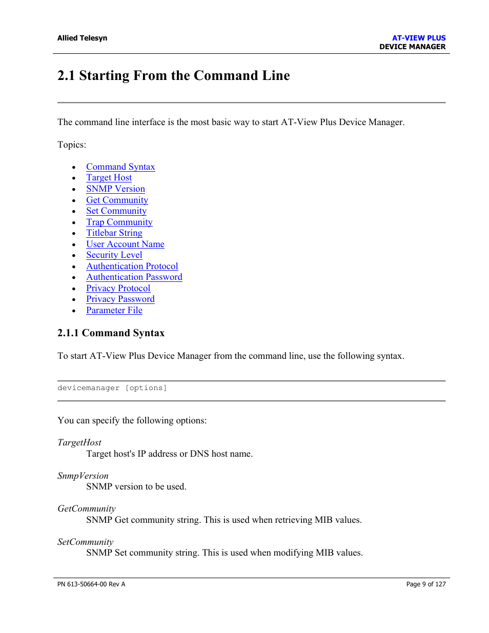 1 starting from the command line, 1 command syntax | Allied Telesis AT-VIEW PLUS 3.0 DEVICE MANAGER User Manual | Page 9 / 127