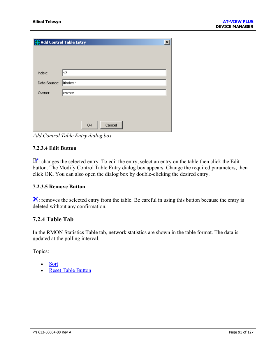 4 edit button, 5 remove button, 4 table tab | Table tab, Edit button, Remove button | Allied Telesis AT-VIEW PLUS 3.0 DEVICE MANAGER User Manual | Page 91 / 127