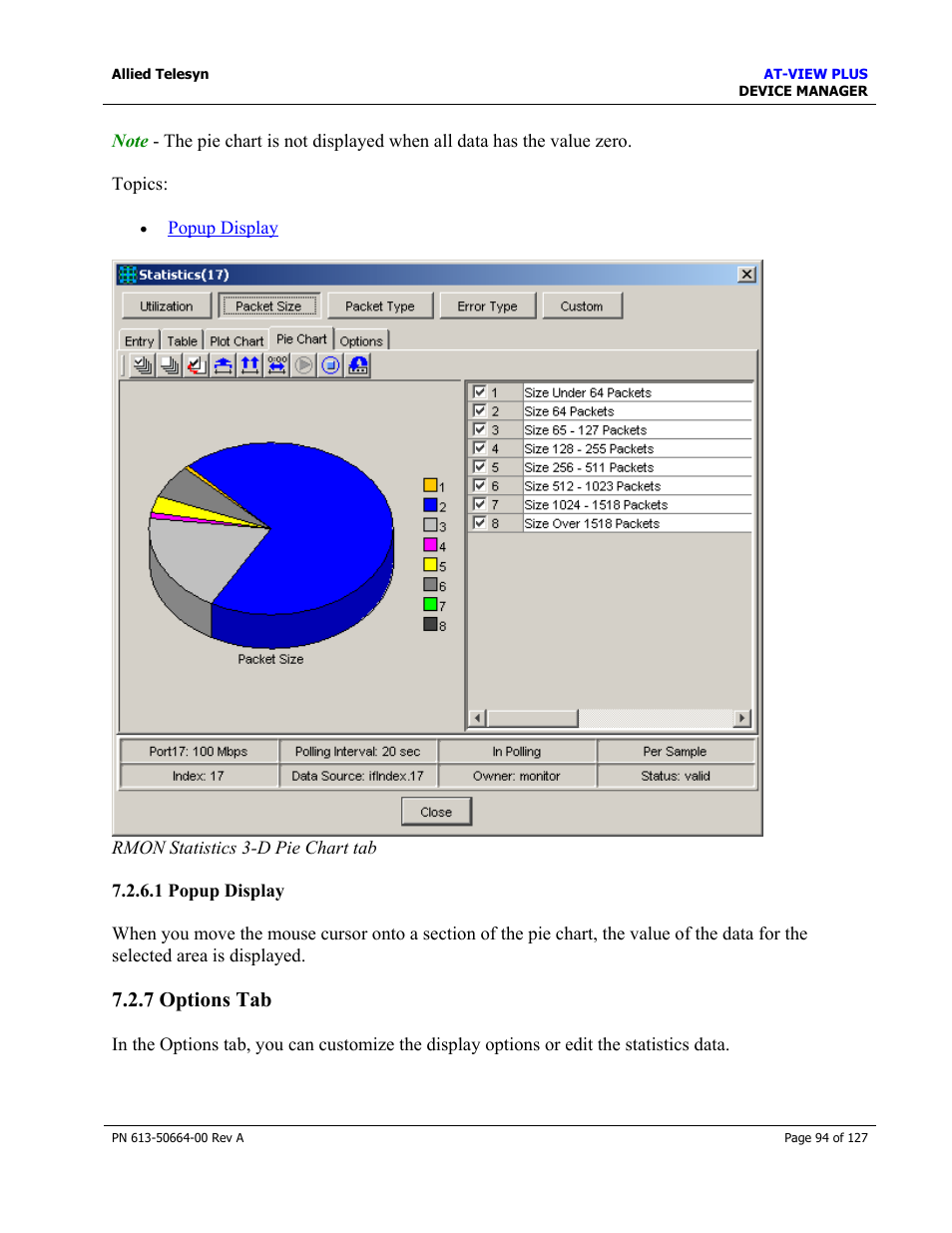 1 popup display, 7 options tab, Options tab | Allied Telesis AT-VIEW PLUS 3.0 DEVICE MANAGER User Manual | Page 94 / 127