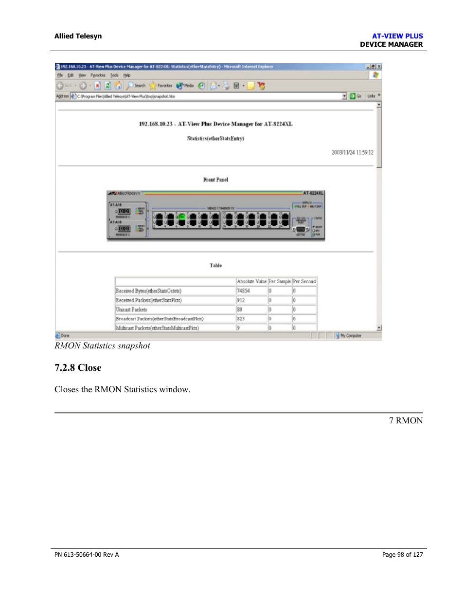 8 close, History control table, Close | Allied Telesis AT-VIEW PLUS 3.0 DEVICE MANAGER User Manual | Page 98 / 127