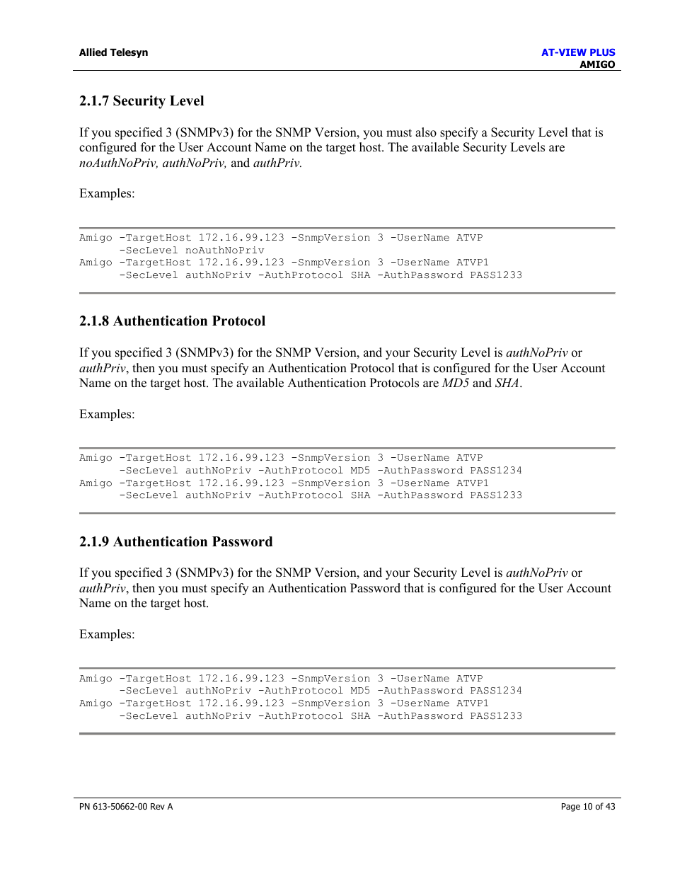 7 security level, 8 authentication protocol, 9 authentication password | Authentication protocol, Authentication password, Privacy protocol | Allied Telesis AT-VIEW PLUS 3.0 AMIGO User Manual | Page 10 / 43