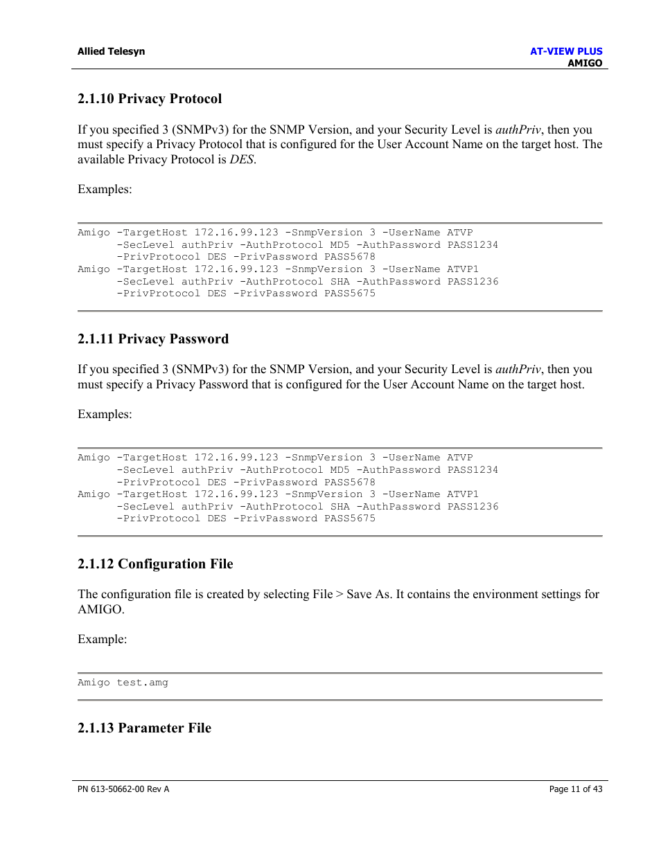10 privacy protocol, 11 privacy password, 12 configuration file | 13 parameter file, Privacy password, Configuration file, Parameter file | Allied Telesis AT-VIEW PLUS 3.0 AMIGO User Manual | Page 11 / 43