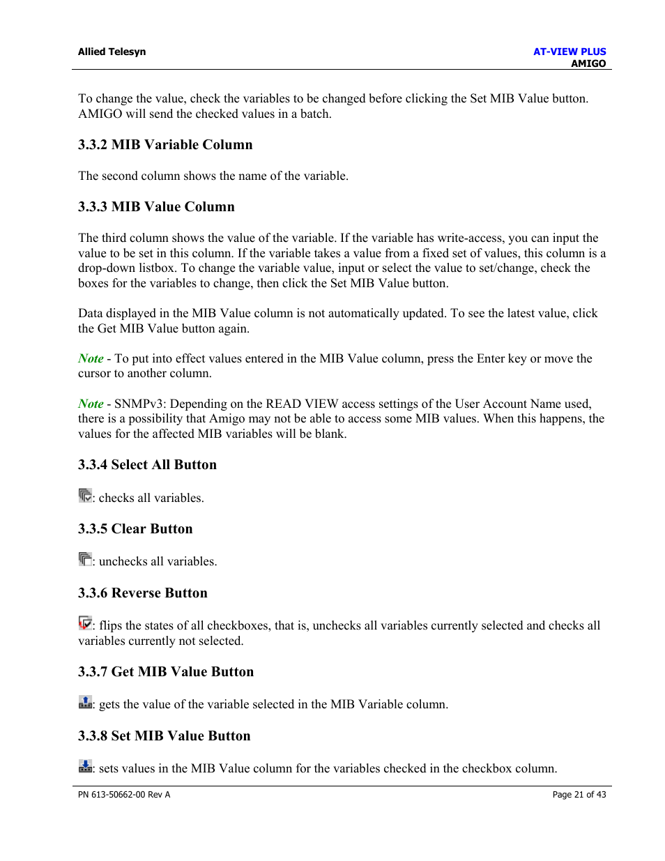 2 mib variable column, 3 mib value column, 4 select all button | 5 clear button, 6 reverse button, 7 get mib value button, 8 set mib value button, Mib variable column, Mib value column, Select all button | Allied Telesis AT-VIEW PLUS 3.0 AMIGO User Manual | Page 21 / 43