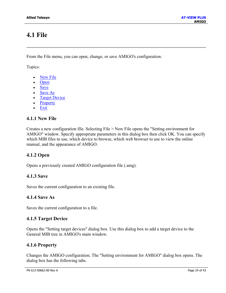 1 file, 1 new file, 2 open | 3 save, 4 save as, 5 target device, 6 property | Allied Telesis AT-VIEW PLUS 3.0 AMIGO User Manual | Page 24 / 43