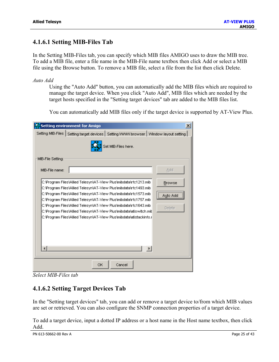 1 setting mib-files tab, 2 setting target devices tab | Allied Telesis AT-VIEW PLUS 3.0 AMIGO User Manual | Page 25 / 43