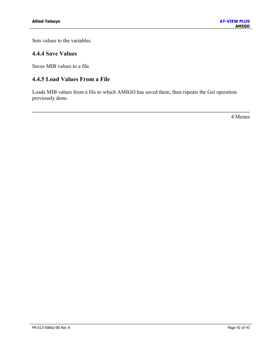 4 save values, 5 load values from a file, 4 save values 4.4.5 load values from a file | Help, Save values, Load values from a file | Allied Telesis AT-VIEW PLUS 3.0 AMIGO User Manual | Page 42 / 43