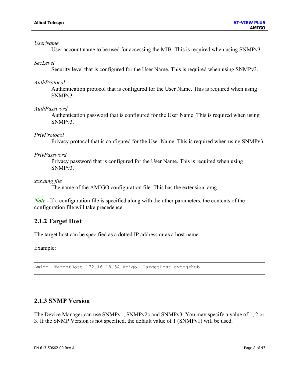 2 target host, 3 snmp version, 2 target host 2.1.3 snmp version | Target host, Snmp version | Allied Telesis AT-VIEW PLUS 3.0 AMIGO User Manual | Page 8 / 43