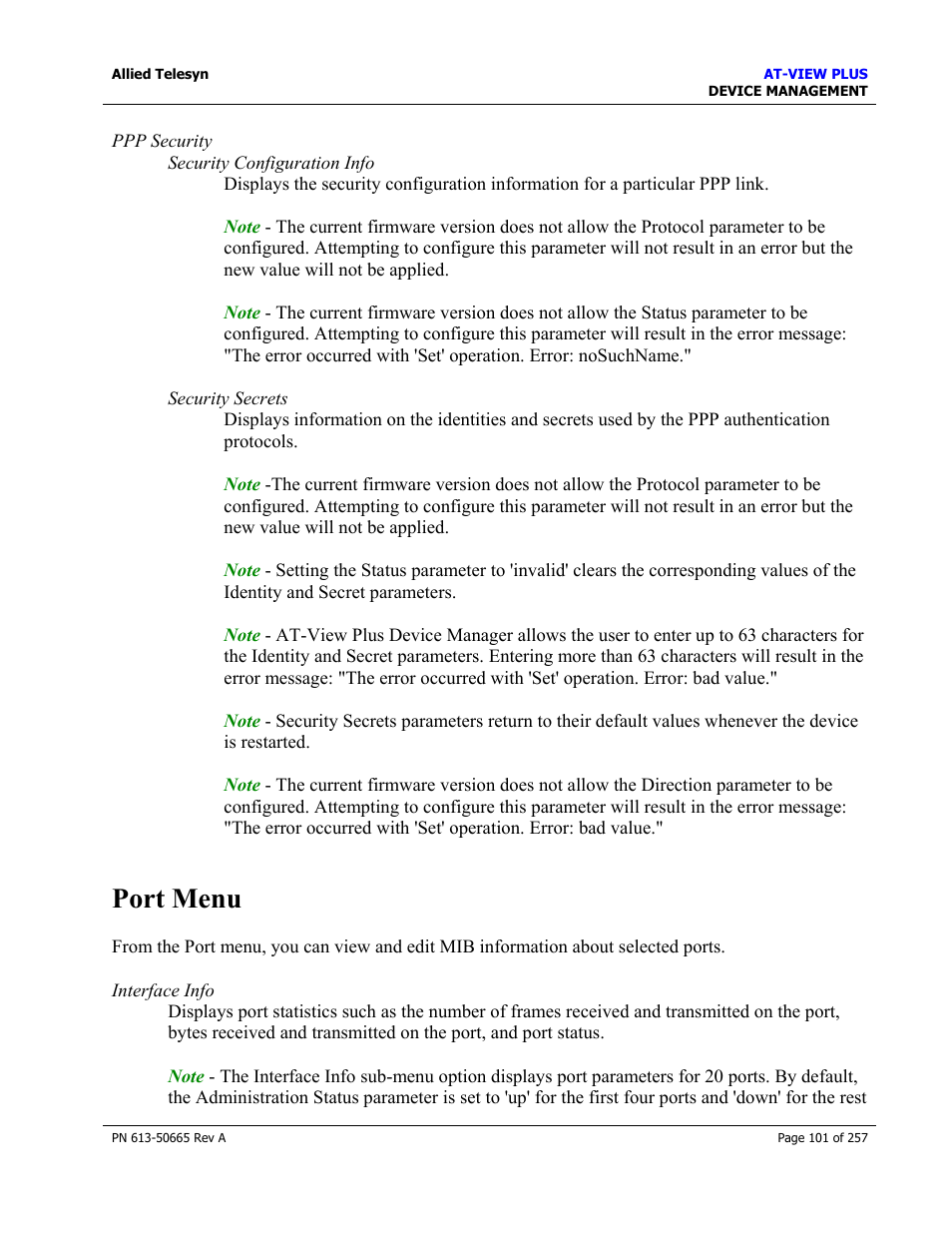 Port menu | Allied Telesis AT-VIEW PLUS 3.0 DEVICE MANAGEMENT User Manual | Page 101 / 257
