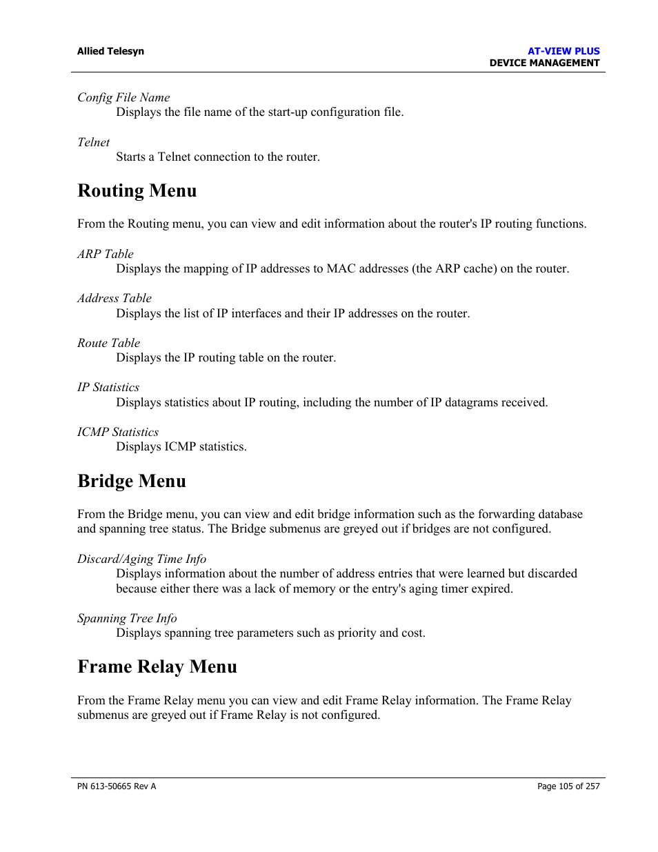 Routing menu, Bridge menu, Frame relay menu | Routing menu bridge menu frame relay menu | Allied Telesis AT-VIEW PLUS 3.0 DEVICE MANAGEMENT User Manual | Page 105 / 257