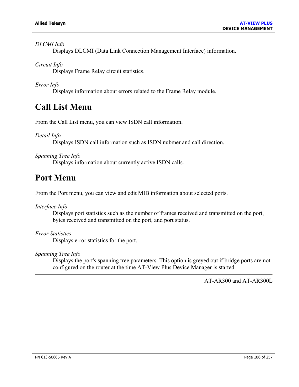 Call list menu, Port menu, Call list menu port menu | Allied Telesis AT-VIEW PLUS 3.0 DEVICE MANAGEMENT User Manual | Page 106 / 257