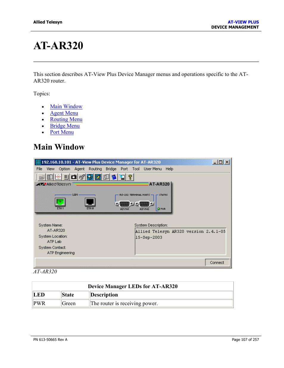 At-ar320, Main window | Allied Telesis AT-VIEW PLUS 3.0 DEVICE MANAGEMENT User Manual | Page 107 / 257