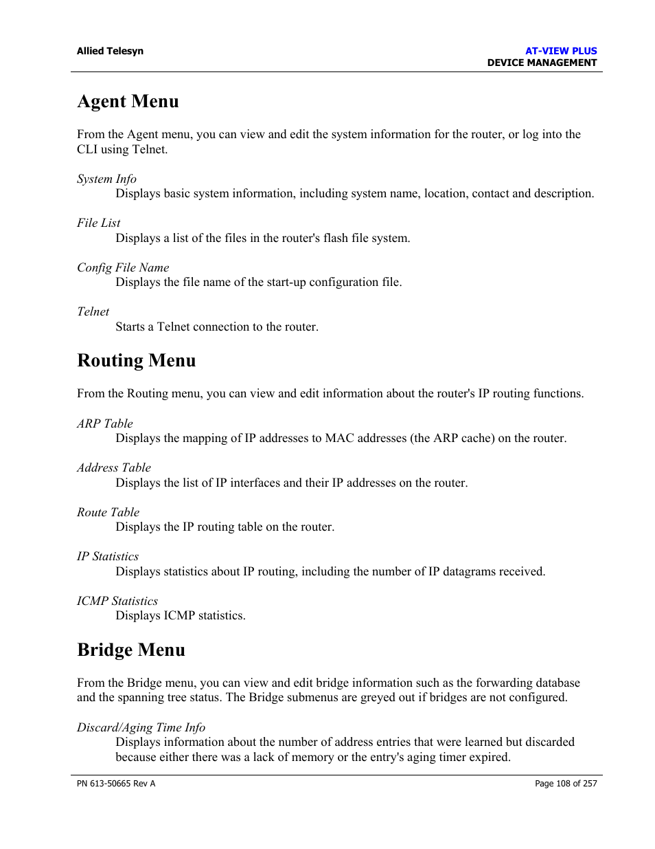 Agent menu, Routing menu, Bridge menu | Agent menu routing menu bridge menu | Allied Telesis AT-VIEW PLUS 3.0 DEVICE MANAGEMENT User Manual | Page 108 / 257