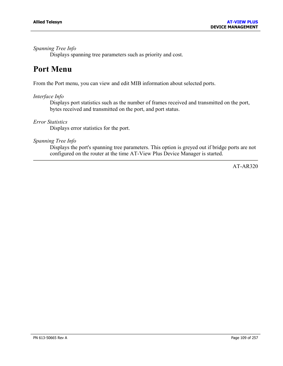 Port menu | Allied Telesis AT-VIEW PLUS 3.0 DEVICE MANAGEMENT User Manual | Page 109 / 257