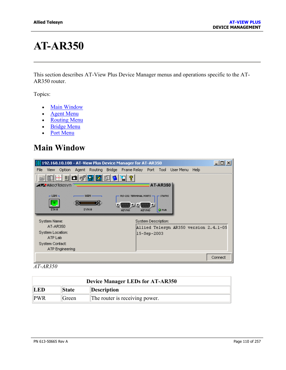At-ar350, Main window | Allied Telesis AT-VIEW PLUS 3.0 DEVICE MANAGEMENT User Manual | Page 110 / 257