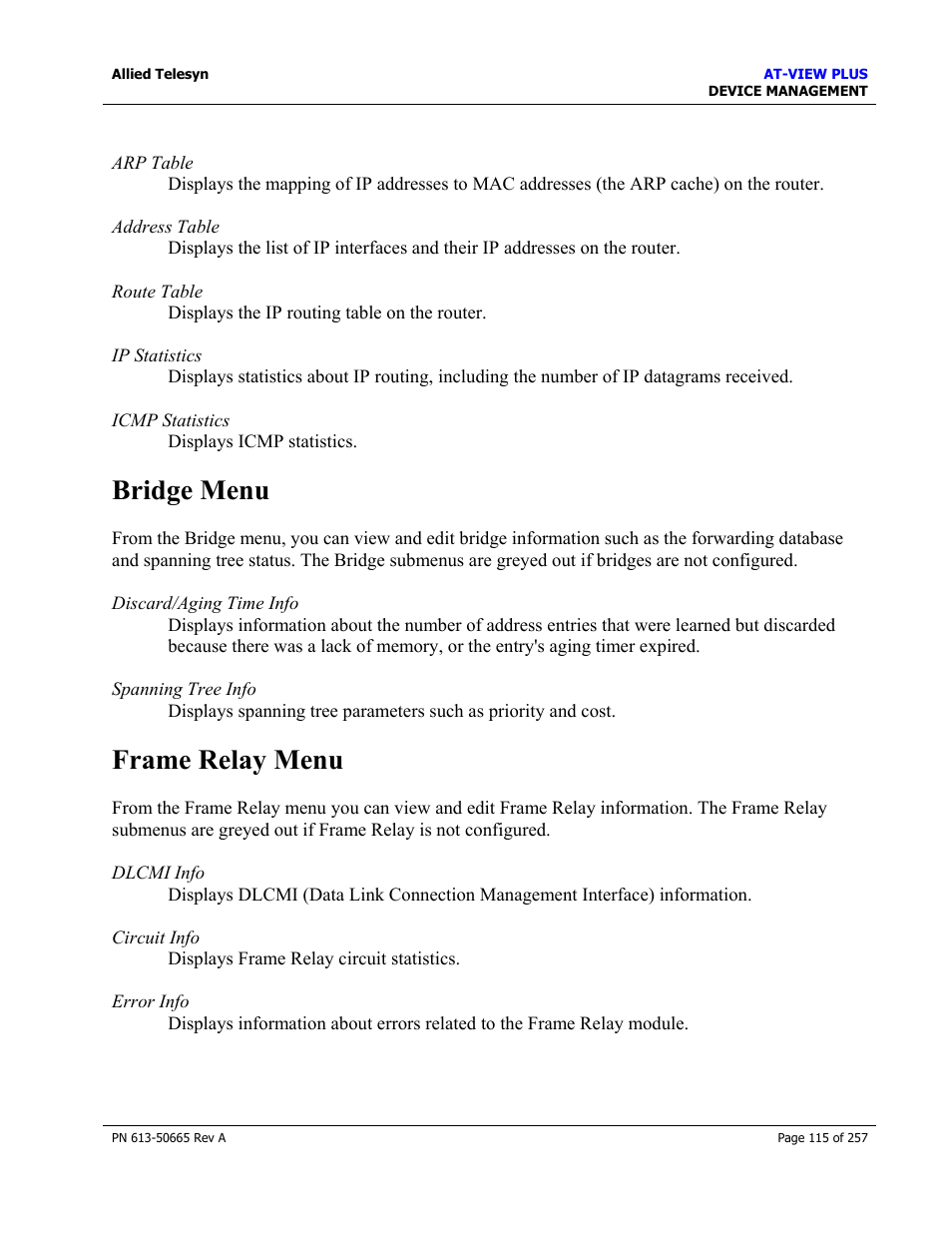 Bridge menu, Frame relay menu, Bridge menu frame relay menu | Call list menu | Allied Telesis AT-VIEW PLUS 3.0 DEVICE MANAGEMENT User Manual | Page 115 / 257