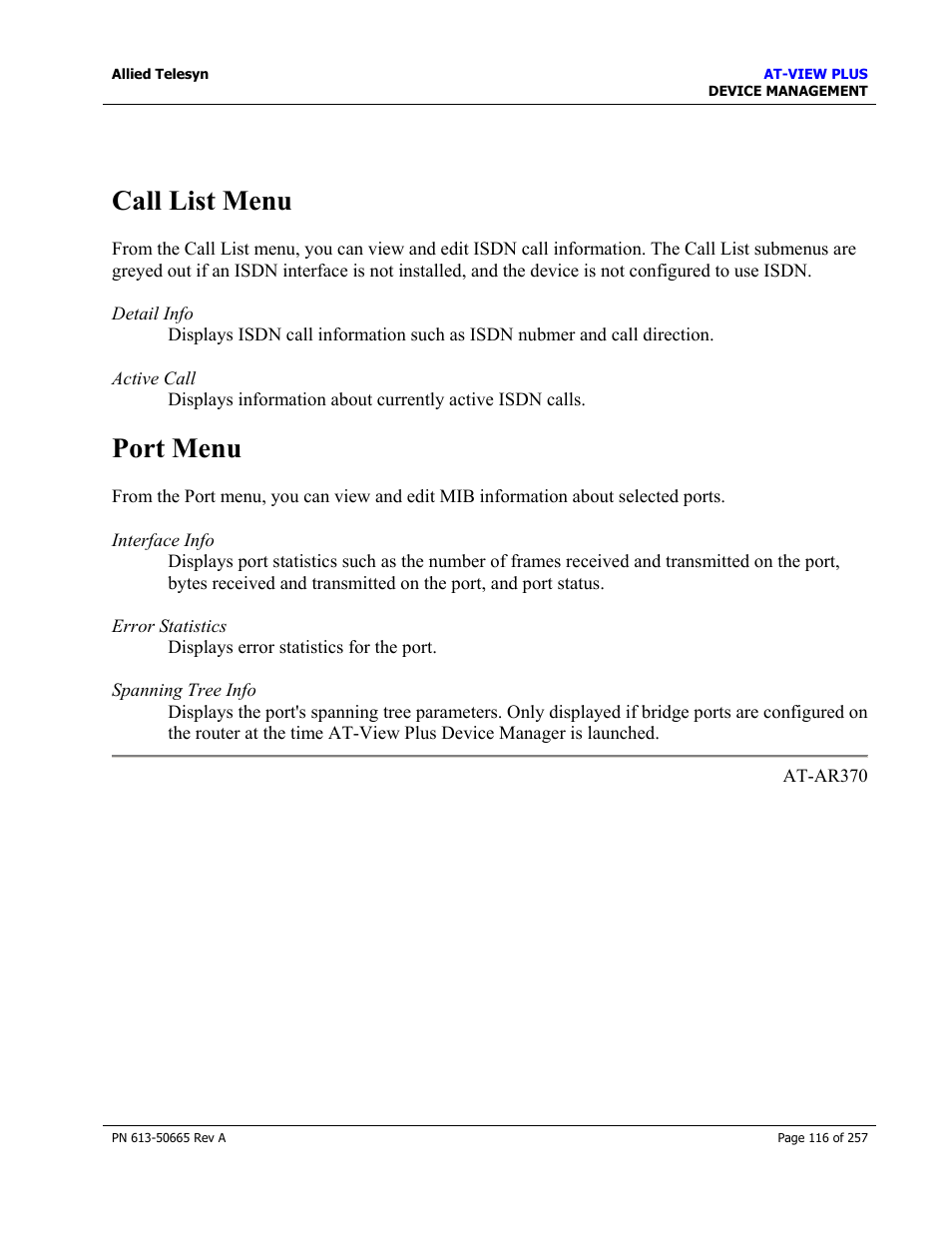 Call list menu, Port menu, Call list menu port menu | Allied Telesis AT-VIEW PLUS 3.0 DEVICE MANAGEMENT User Manual | Page 116 / 257